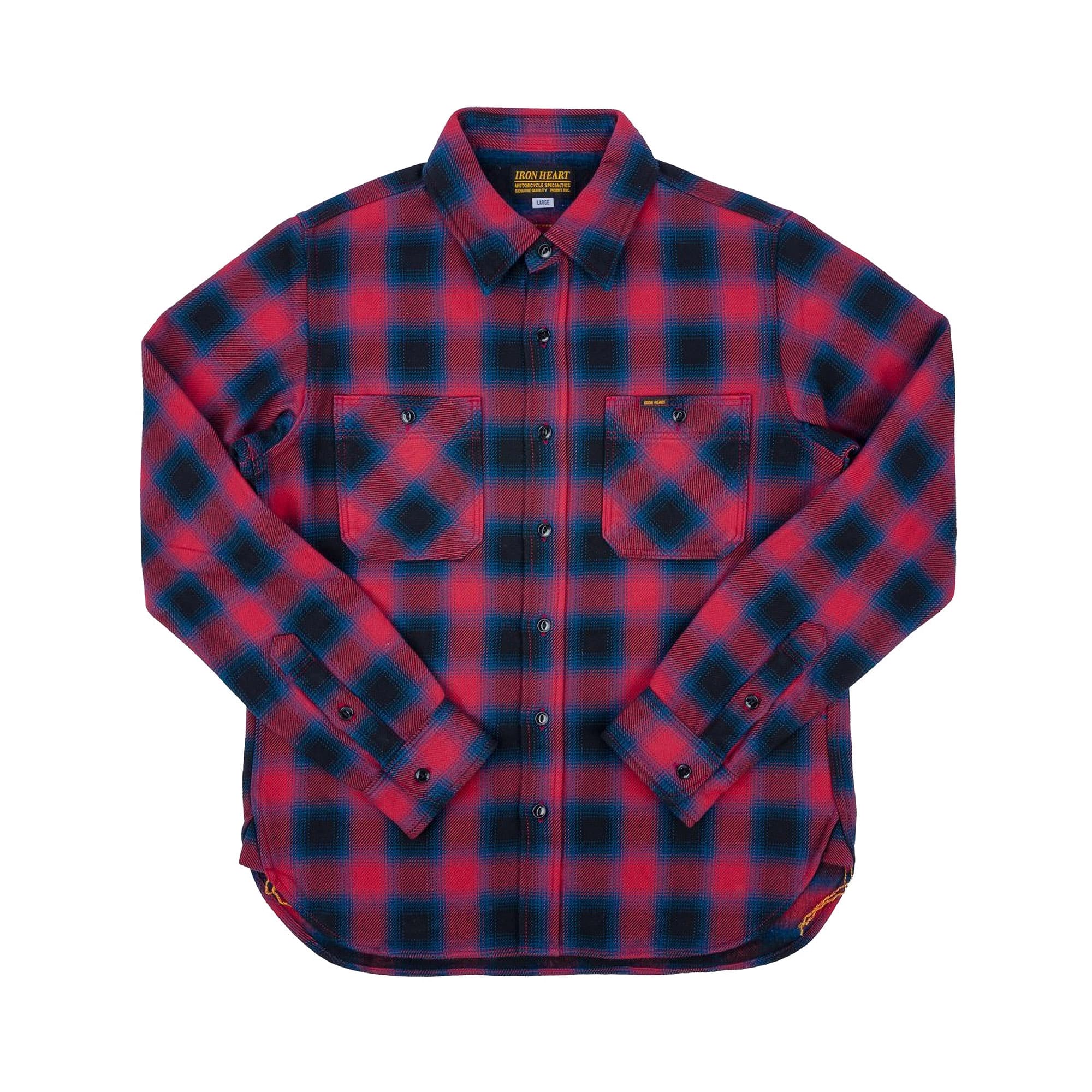 Iron Heart IHSH-379-RED Ultra Heavy Flannel Ombré Check Work Shirt | Red |  BlackBlue