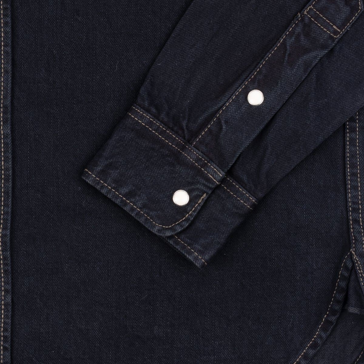 IHSH-326-OD 12oz Selvedge Denim Work Shirt With Snaps Indigo Overdyed Black Cuff Detail