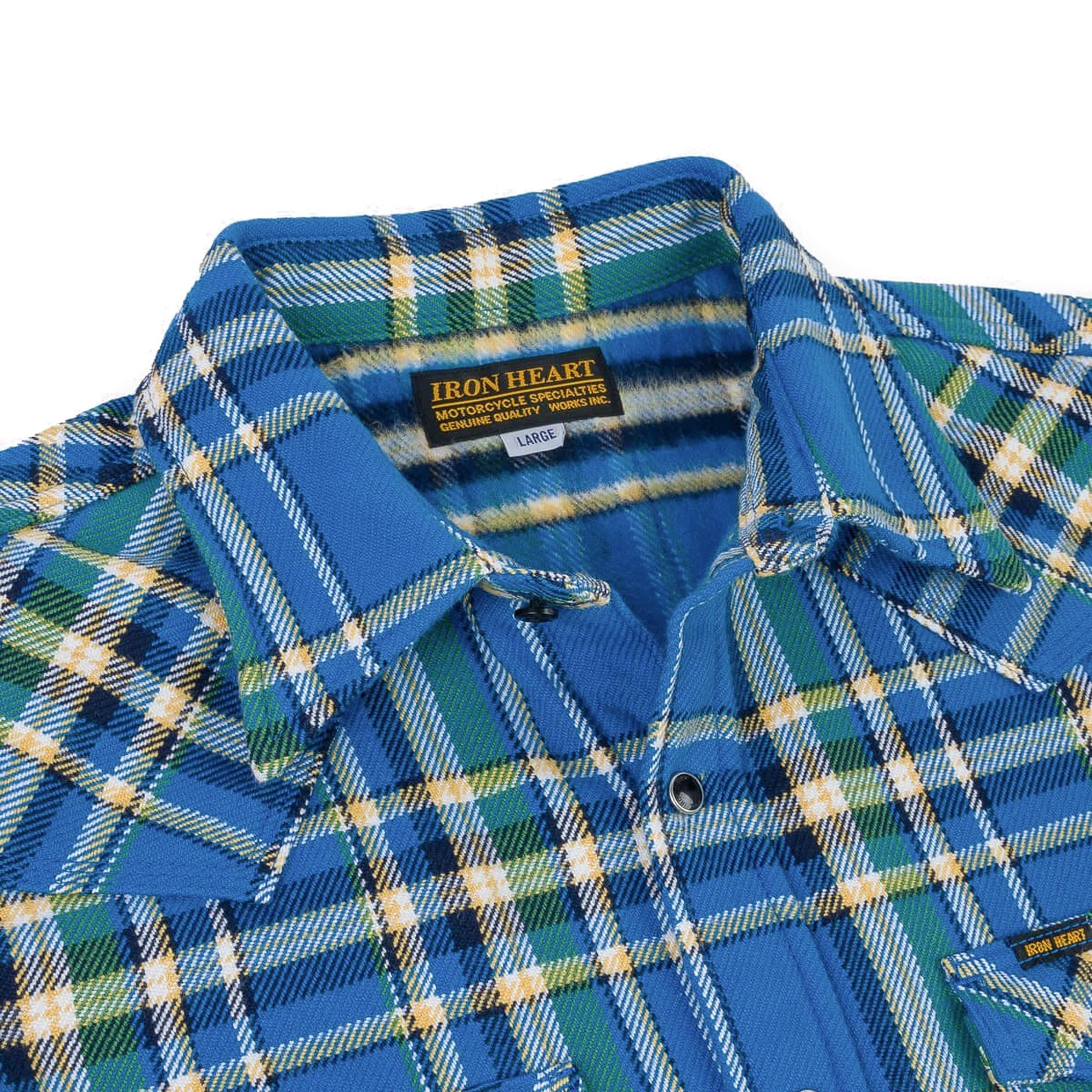 Iron Heart IHSH-370-BLU Ultra Heavy Flannel Tartan Check Western Shirt Blue Collar Detail