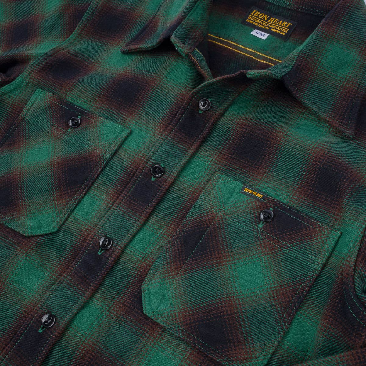 IHSH-379-GRN Ultra Heavy Flannel Ombré Check Work Shirt Green Pocket Detail