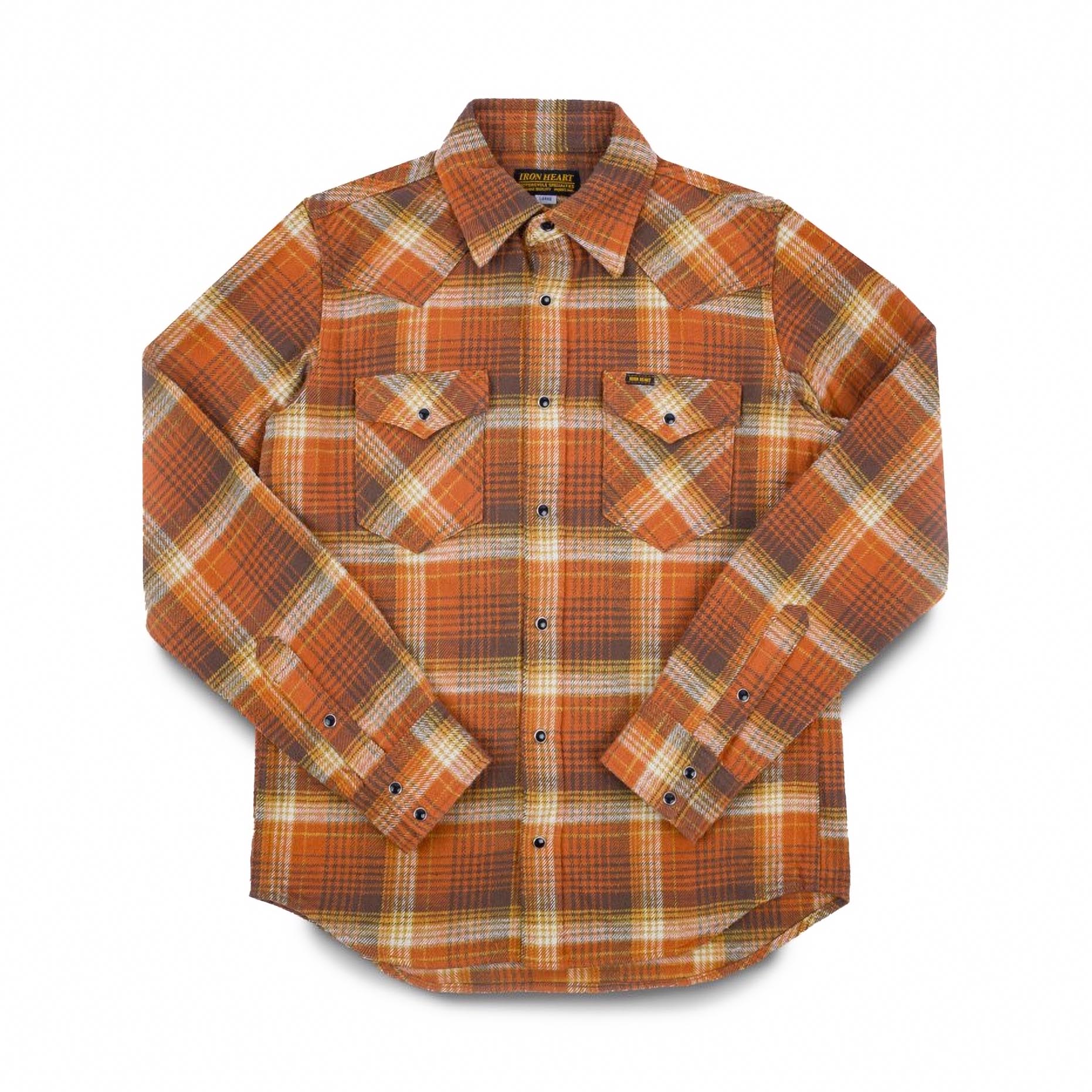 Iron Heart IHSH-399-ORA 12oz Slubby Heavy Flannel Check Western Shirt  Orange | BlackBlue