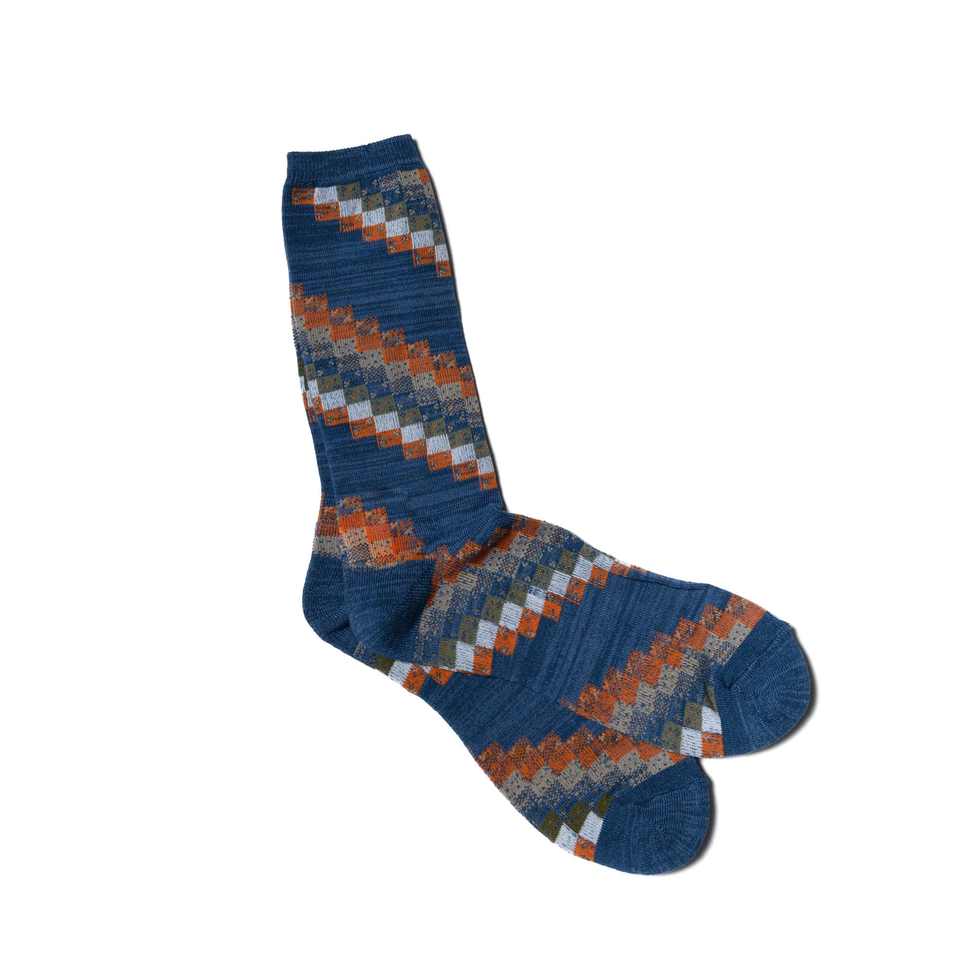 Organic Cotton Quilted Pattern Crew Indigo Socks