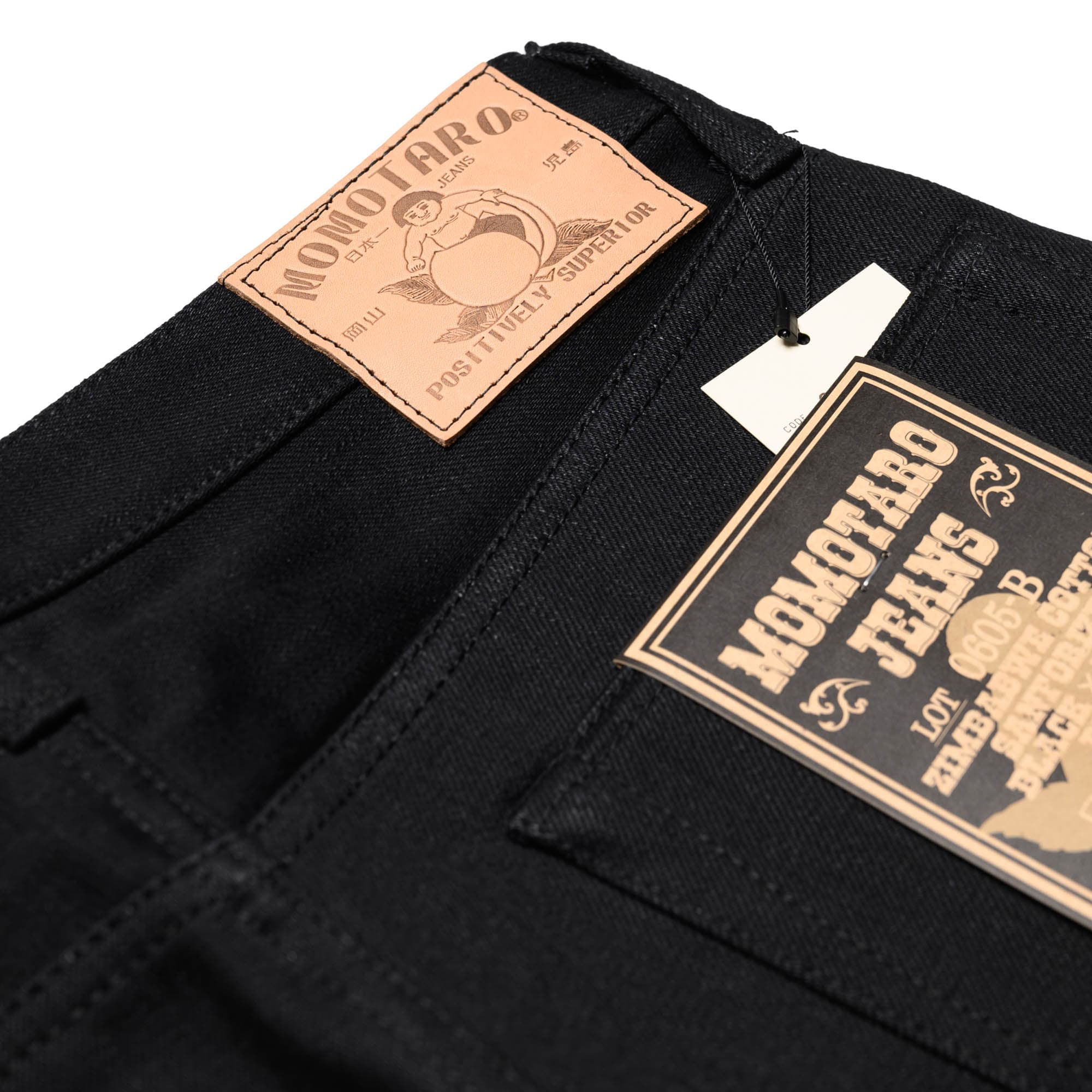 Momotaro 0605-B 15.7oz Zimbabwe Cotton Natural Tapered Selvedge Denim Black Leather Patch