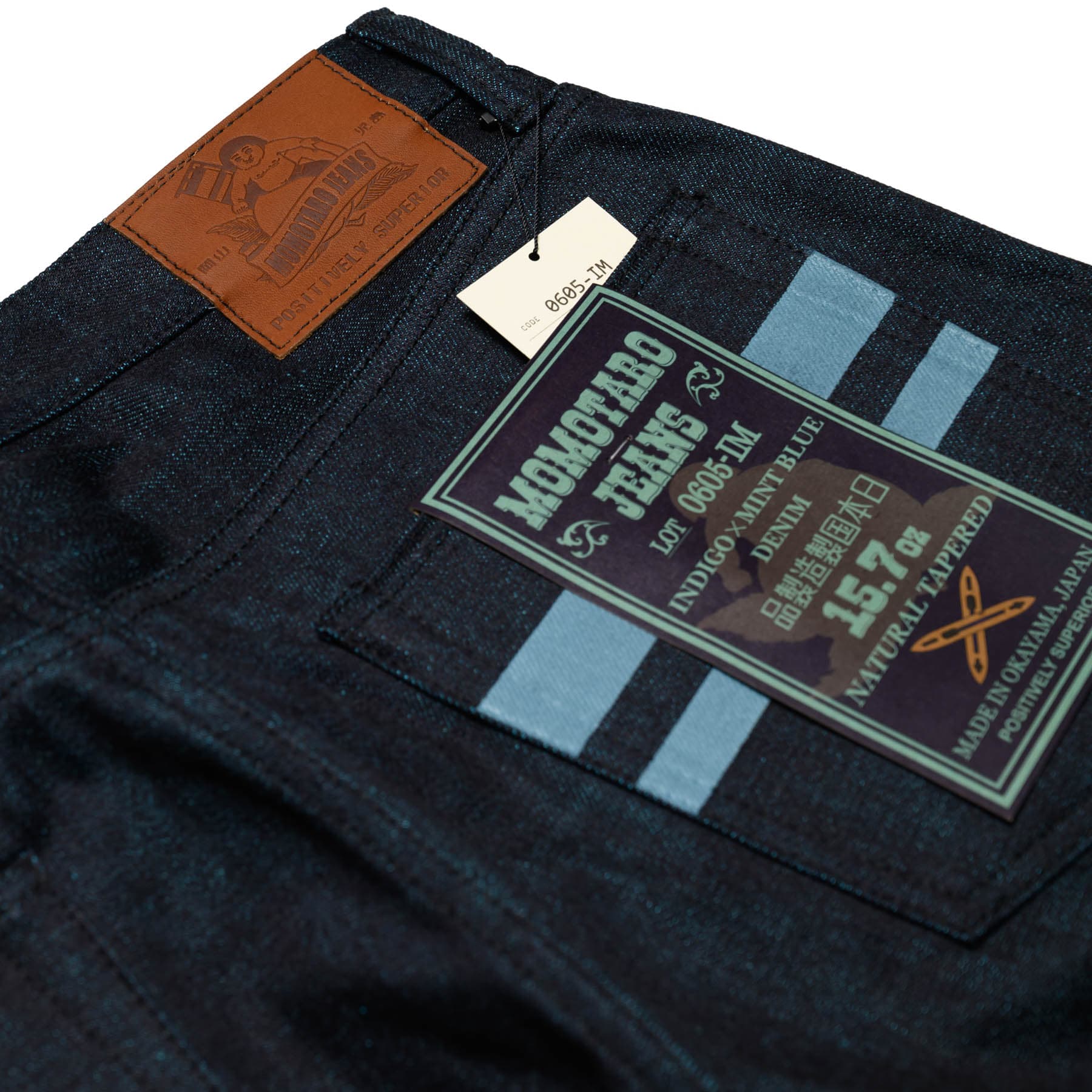 Momotaro 0605-IM 15.7oz Natural Taper Selvedge Denim Mint Pocket Flasher