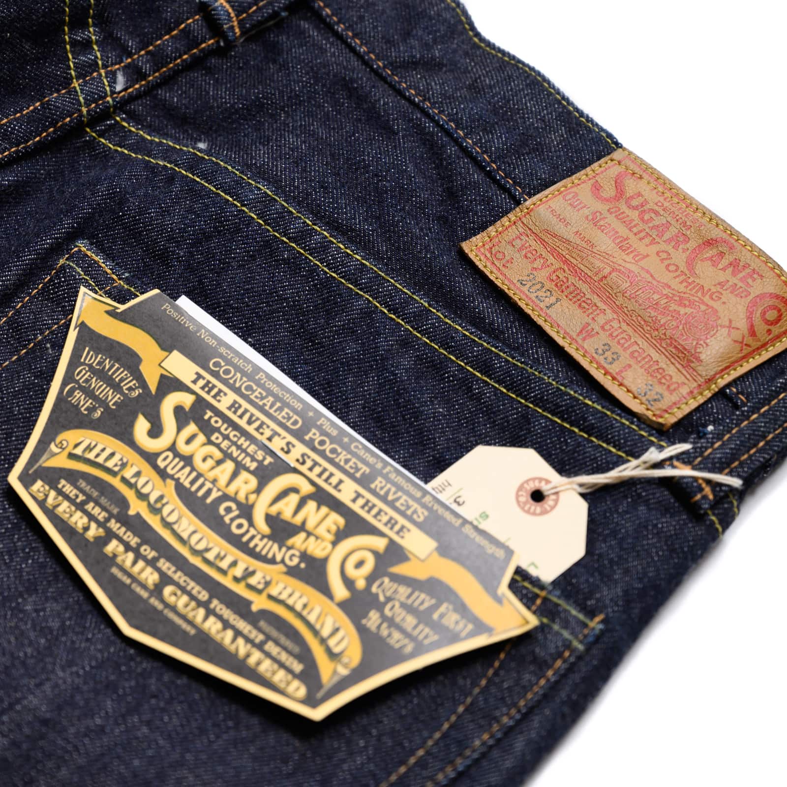 Sugar Cane SC42021 14.25oz Selvedge Denim Slim Tapered Indigo Leather Patch