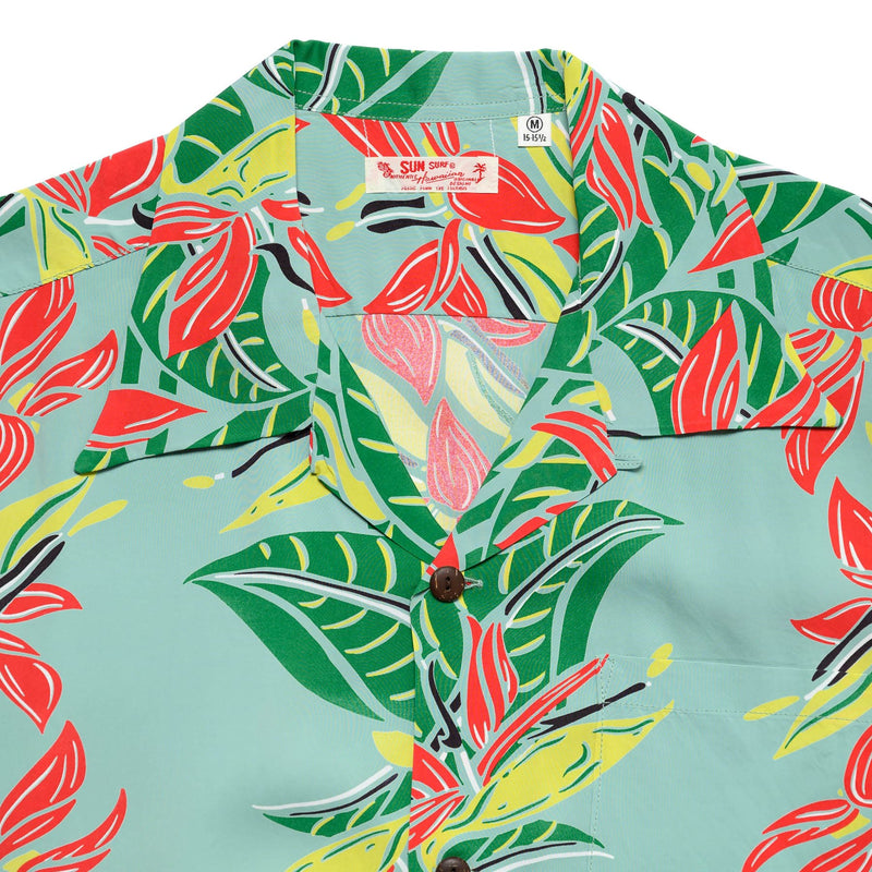 Sun Surf Bird of Paradise Short Sleeve Hawaiian Green Collar Detail