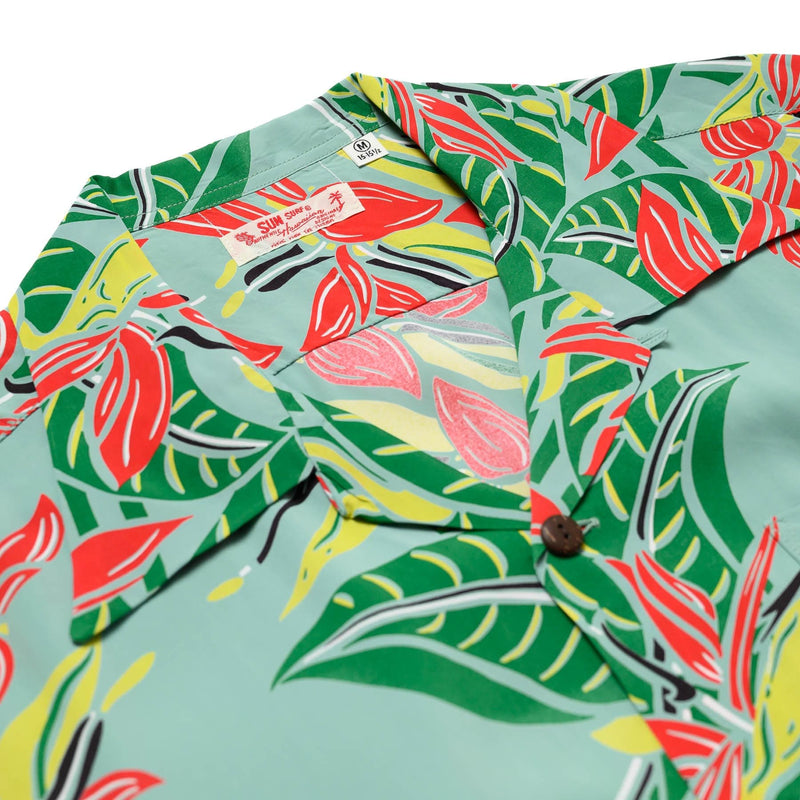 Sun Surf Bird of Paradise Short Sleeve Hawaiian Green Collar Detail 2