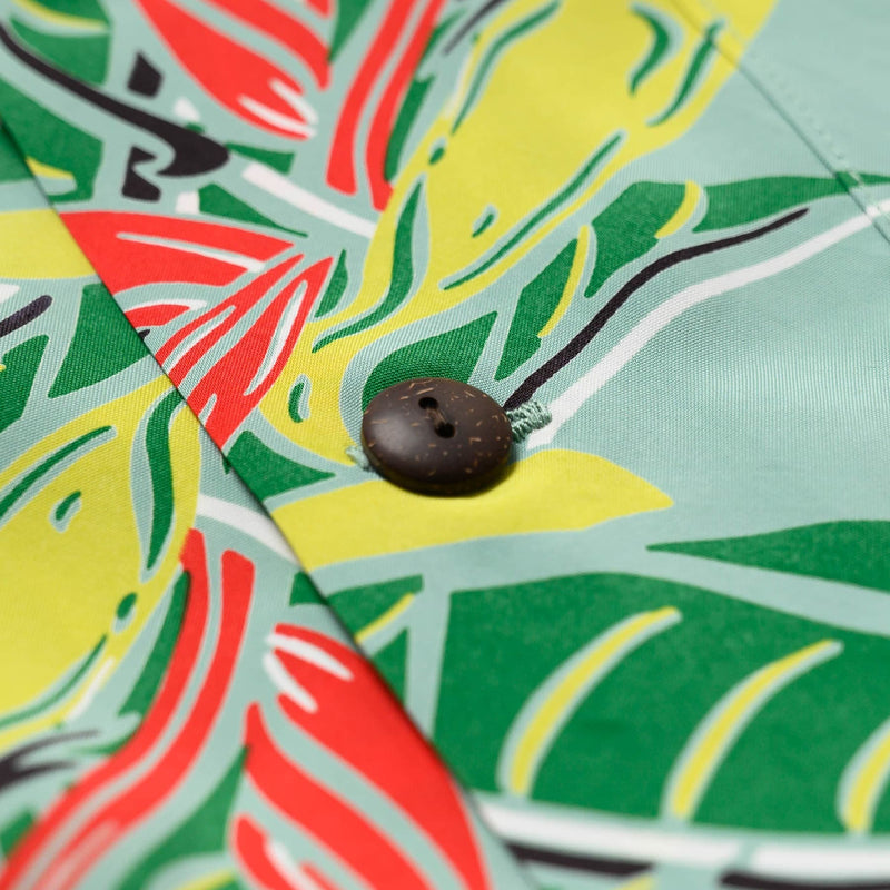 Sun Surf Bird of Paradise Short Sleeve Hawaiian Green Button Detail