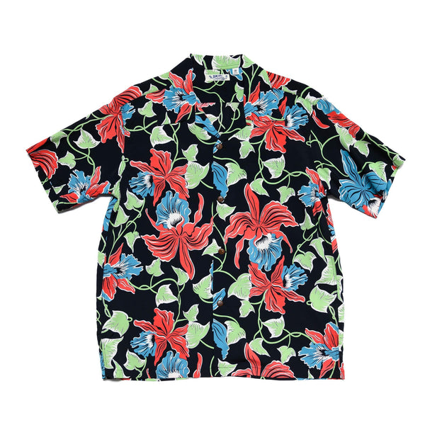 Sun Surf Cattleya Orchid Short Sleeve Hawaiian Black Front