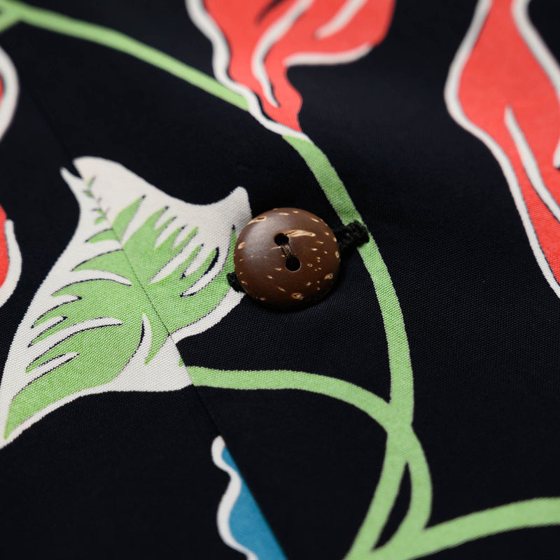 Sun Surf Cattleya Orchid Short Sleeve Hawaiian Black Button Detail