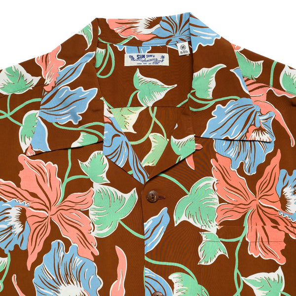 Sun Surf Cattleya Orchid Short Sleeve Hawaiian Brown Collar Detail