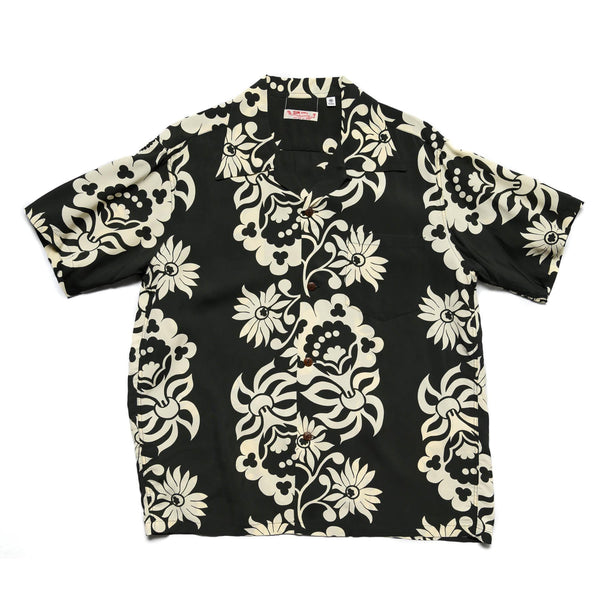 Sun Surf Sunlight Flower Short Sleeve Hawaiian Black Front