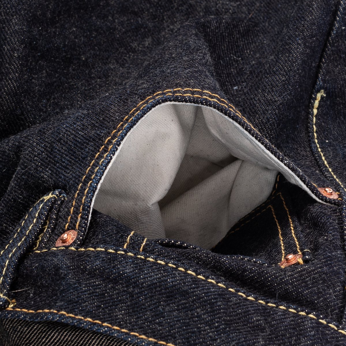 Iron Heart IH-634S-19L 19oz Left Hand Twill Selvedge Denim Straight Cut Jeans Indigo Pocket Bag Detail