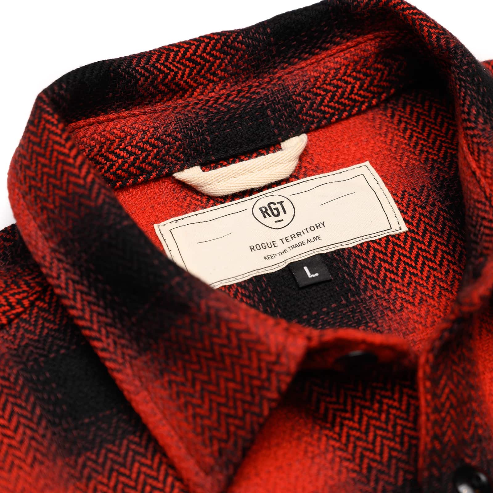 Rogue Territory Field Shirt Red Herringbone Plaid Tag Detail