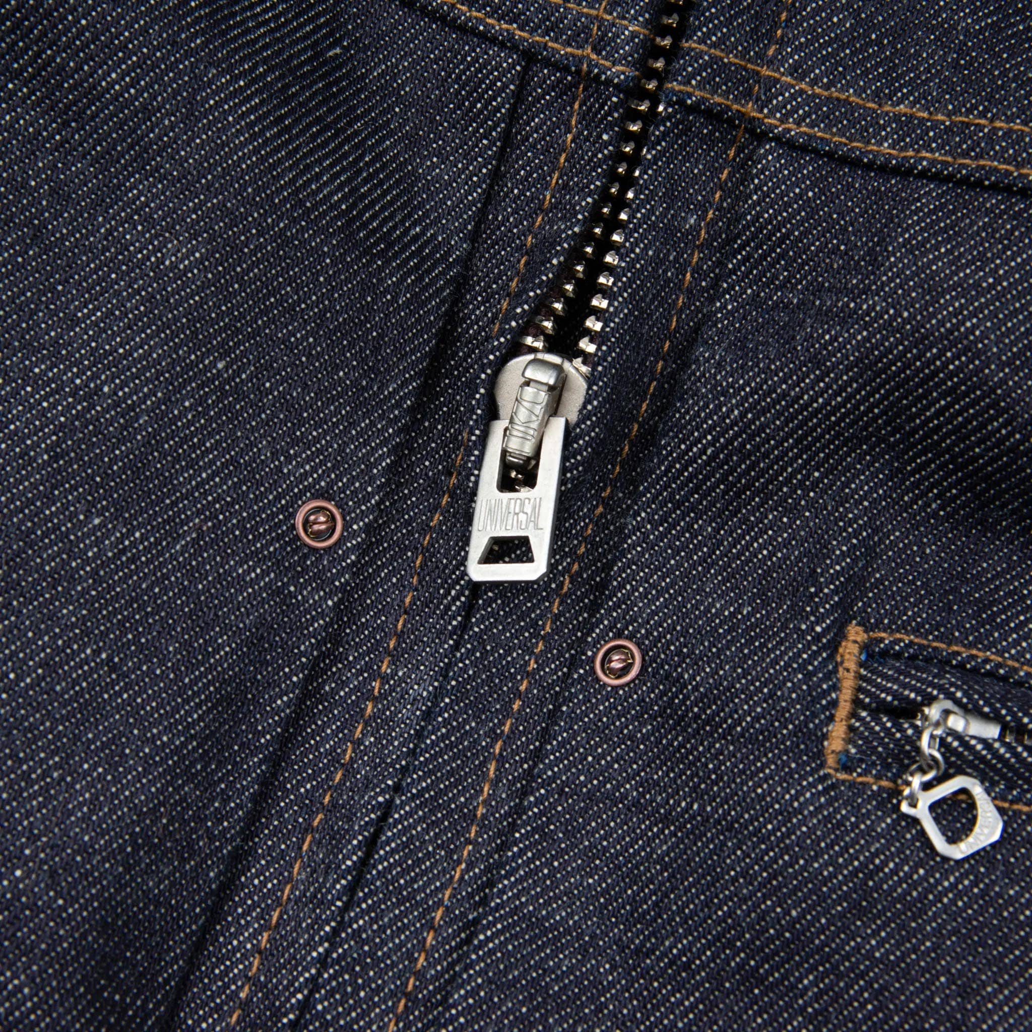 Freenote Cloth RJ-2 20oz Selvedge Denim Shearling Lined Riders Jacket Universal Zipper Detail