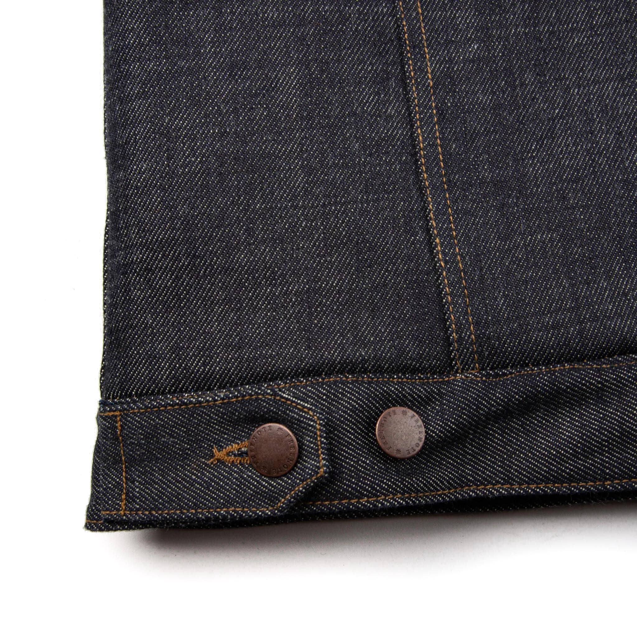 Freenote Cloth RJ-2 20oz Selvedge Denim Shearling Lined Riders Jacket Adjustable Tab Detail