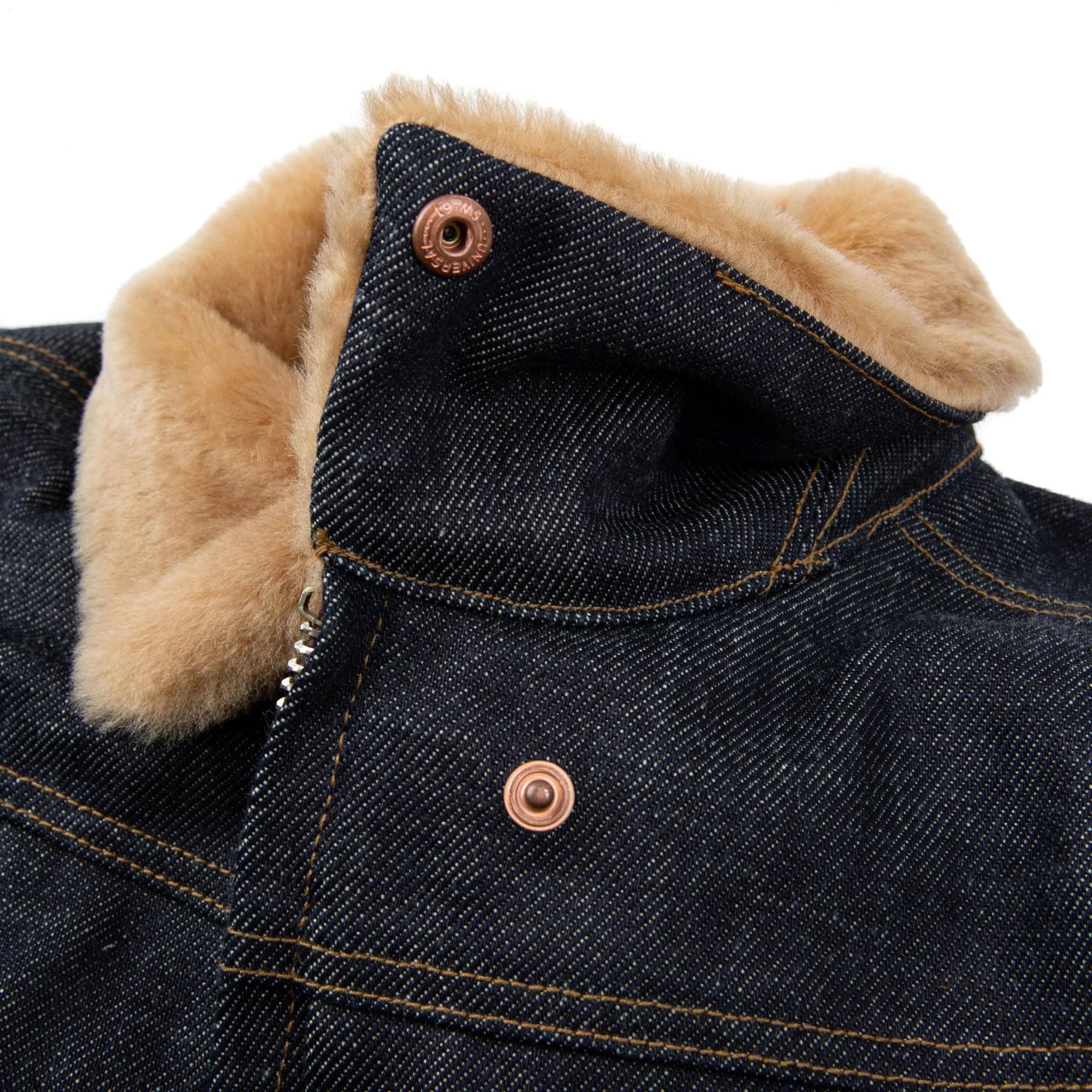 Freenote Cloth RJ-2 20oz Selvedge Denim Shearling Lined Riders Jacket Collar Detail