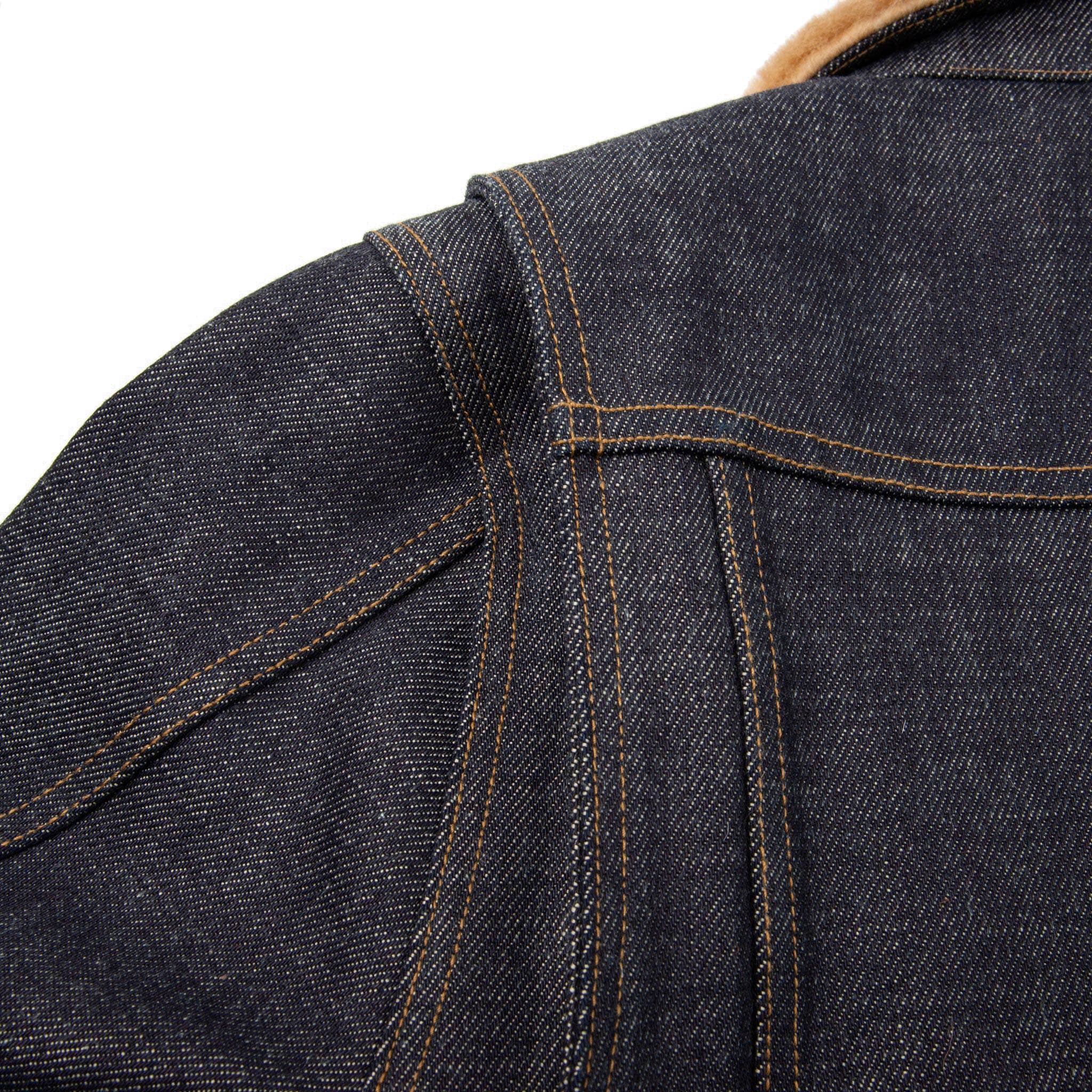 Freenote Cloth RJ-2 20oz Selvedge Denim Shearling Lined Riders Jacket Gusset Detail