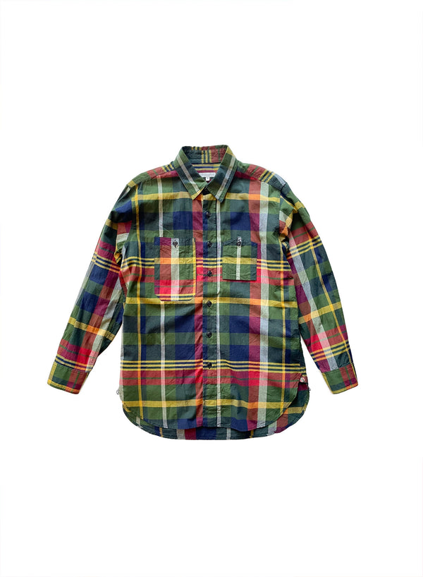 Work Shirt - Green Navy Cotton Big Madras Plaid